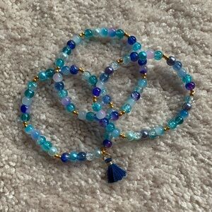 {Handmade} Blue Beaded Bracelet Trio with Tassel